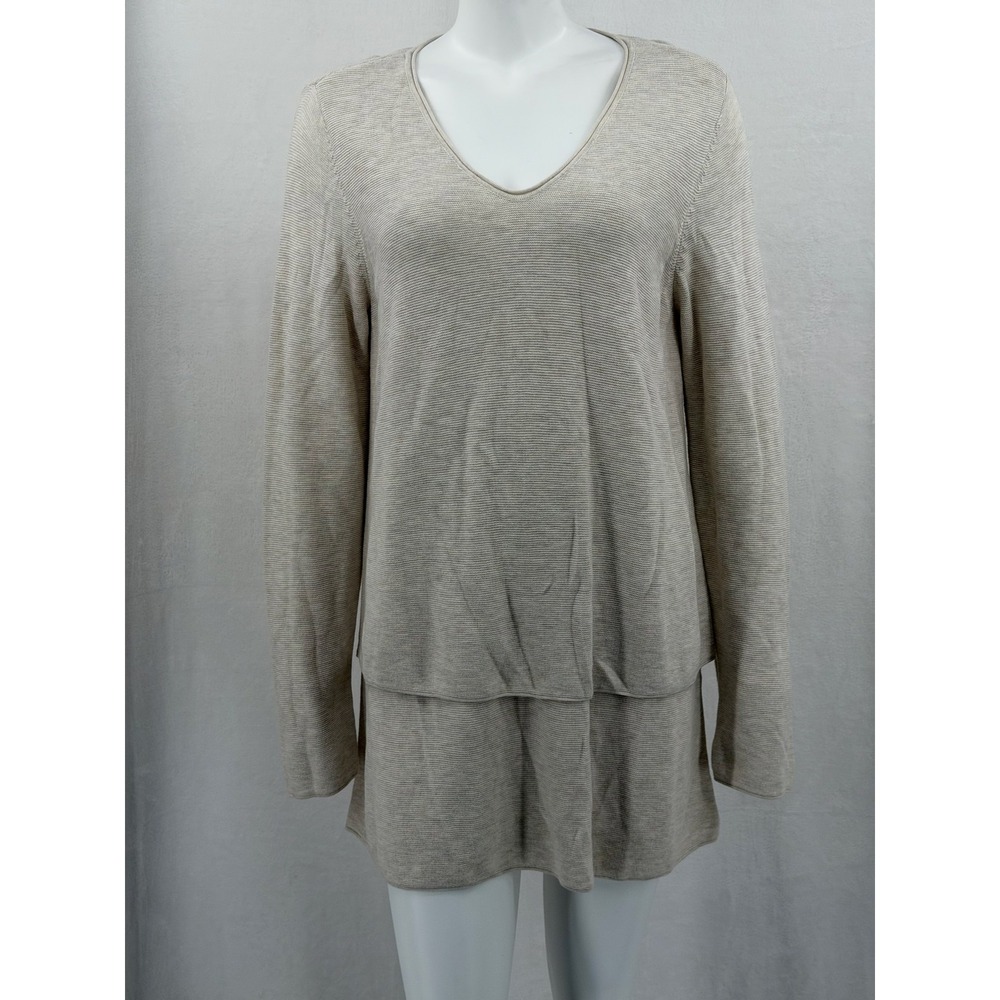Pure J Jill Sweater Womens Medium Beige V-Neck Layered Hem Tunic Knit Neutral